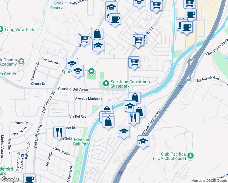 map of restaurants, bars, coffee shops, grocery stores, and more near 26157 Paseo Marbella in San Juan Capistrano
