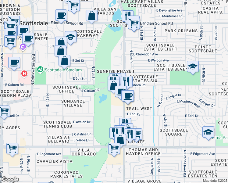 map of restaurants, bars, coffee shops, grocery stores, and more near 7920 East Osborn Road in Scottsdale