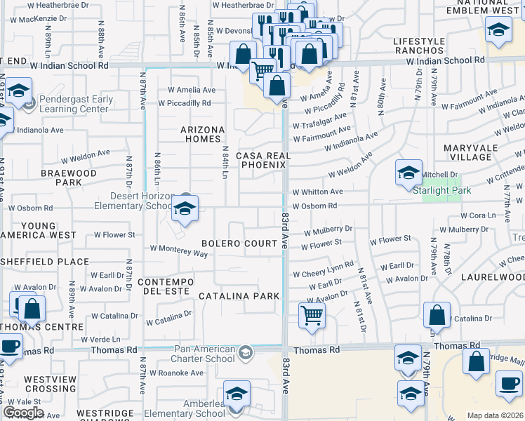 map of restaurants, bars, coffee shops, grocery stores, and more near 8325 West Whitton Avenue in Phoenix