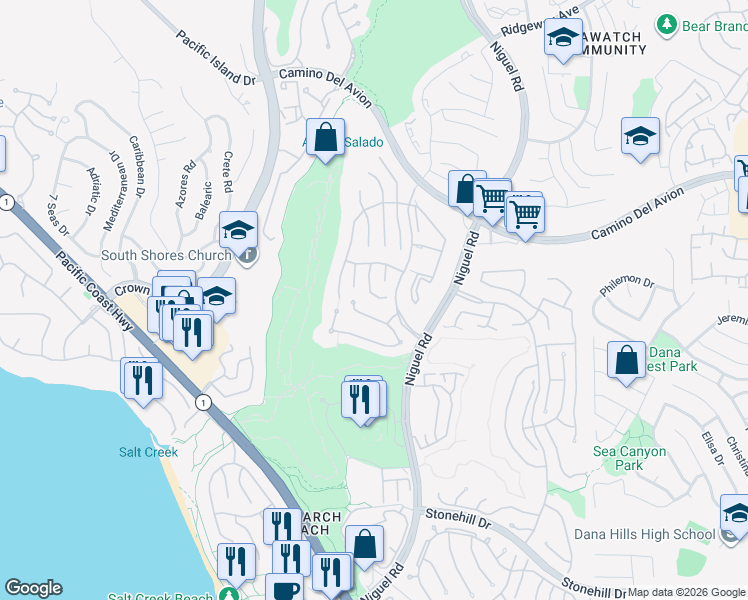 map of restaurants, bars, coffee shops, grocery stores, and more near 25 Ville Franche in Dana Point