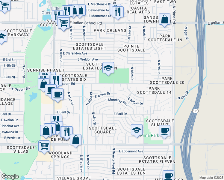 map of restaurants, bars, coffee shops, grocery stores, and more near 3333 North Granite Reef Road in Scottsdale