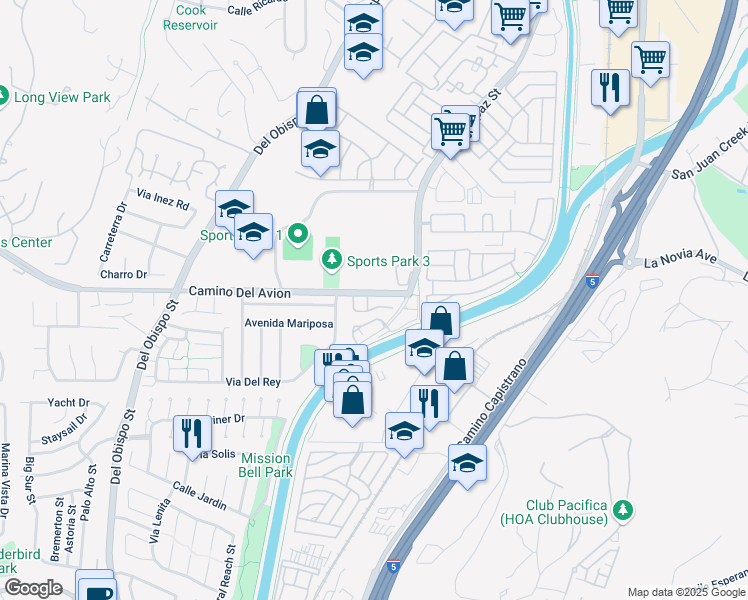 map of restaurants, bars, coffee shops, grocery stores, and more near 32701 Alipaz Street in San Juan Capistrano
