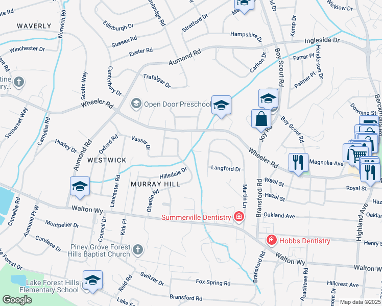 map of restaurants, bars, coffee shops, grocery stores, and more near 607 White Owl Forest Drive in Augusta
