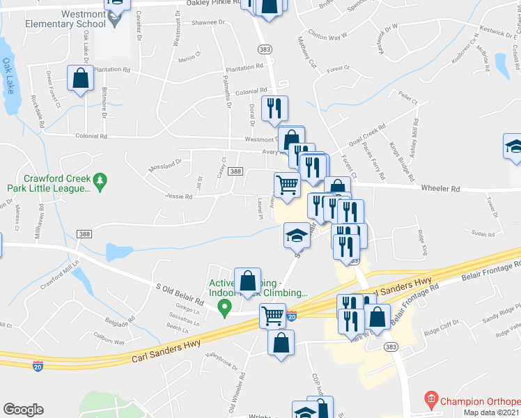 map of restaurants, bars, coffee shops, grocery stores, and more near 604 Laurel Place in Augusta