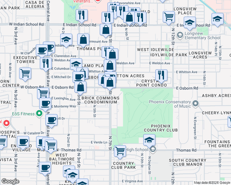 map of restaurants, bars, coffee shops, grocery stores, and more near 3330 North 7th Street in Phoenix