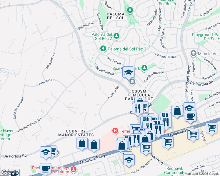 map of restaurants, bars, coffee shops, grocery stores, and more near 31720 Pio Pico Road in Temecula
