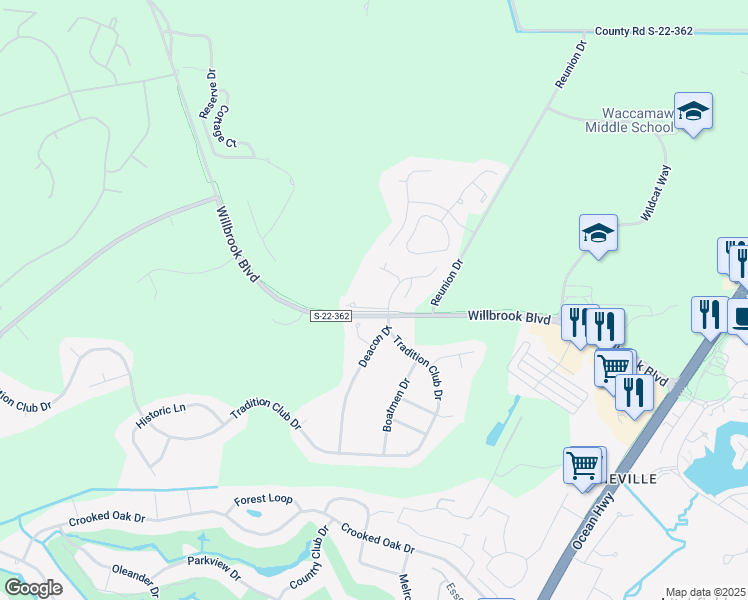 map of restaurants, bars, coffee shops, grocery stores, and more near 82 Bobcat Drive in Pawleys Island
