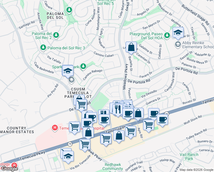 map of restaurants, bars, coffee shops, grocery stores, and more near 44001 Arcadia Court in Temecula
