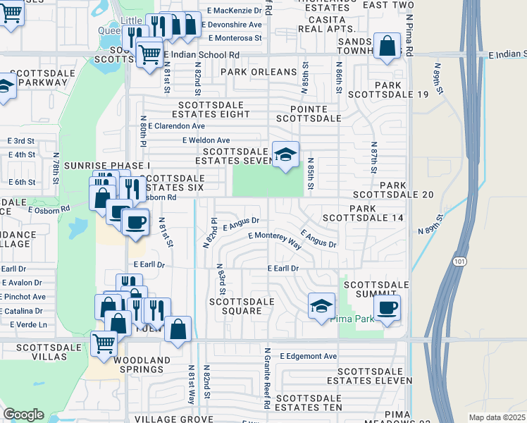 map of restaurants, bars, coffee shops, grocery stores, and more near 3333 North Granite Reef Road in Scottsdale