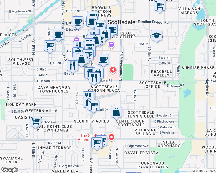 map of restaurants, bars, coffee shops, grocery stores, and more near 7331 East Osborn Road in Scottsdale