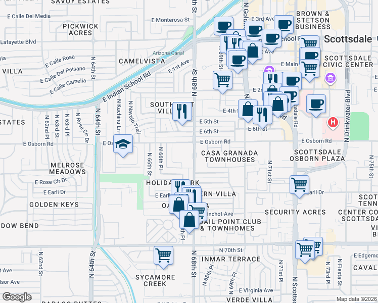map of restaurants, bars, coffee shops, grocery stores, and more near 3313 North 68th Street in Scottsdale