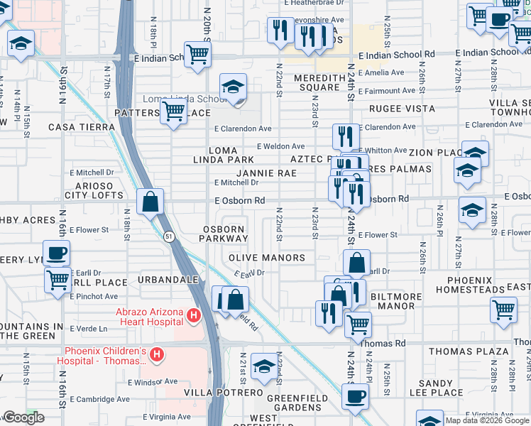 map of restaurants, bars, coffee shops, grocery stores, and more near 2141 East Osborn Road in Phoenix
