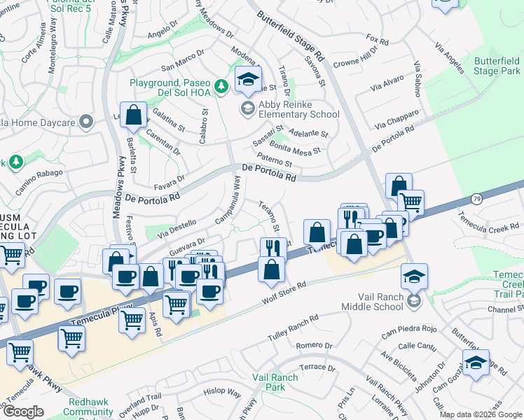 map of restaurants, bars, coffee shops, grocery stores, and more near 43062 Teramo Street in Temecula