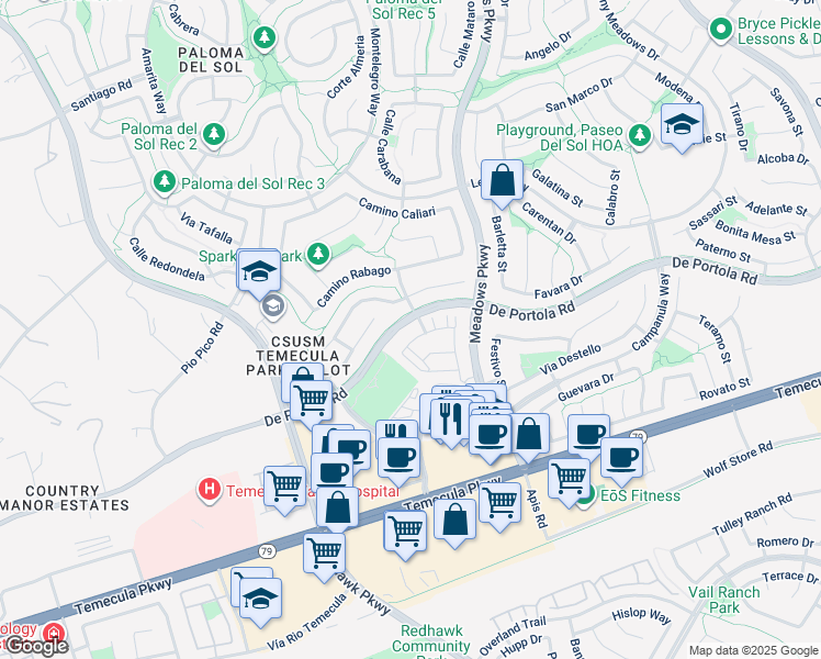 map of restaurants, bars, coffee shops, grocery stores, and more near 44001 Arcadia Court in Temecula