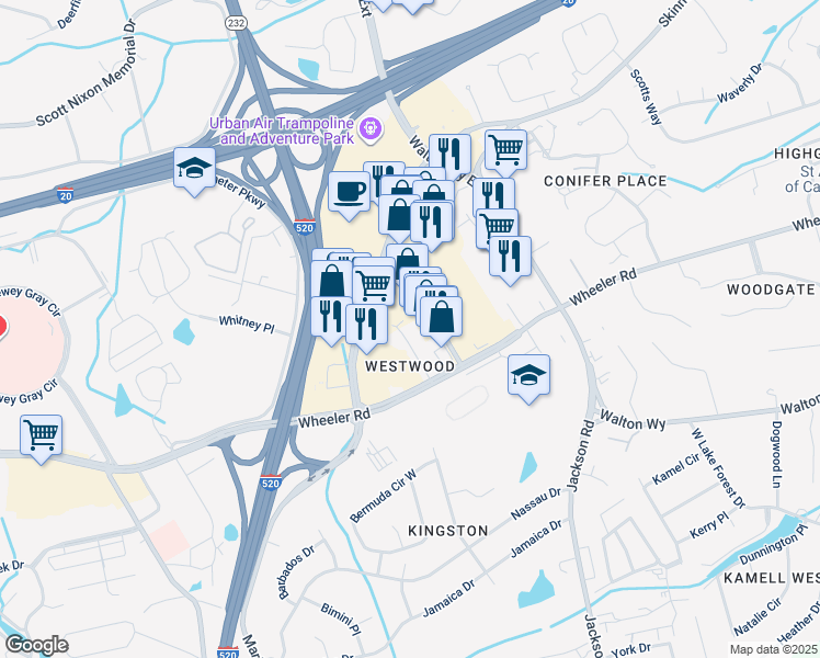 map of restaurants, bars, coffee shops, grocery stores, and more near 1151 Agerton Lane in Augusta