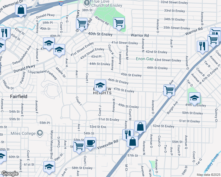 map of restaurants, bars, coffee shops, grocery stores, and more near 1045 46th Street Ensley in Birmingham