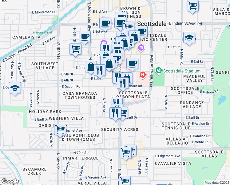 map of restaurants, bars, coffee shops, grocery stores, and more near 3300 North Scottsdale Road in Scottsdale