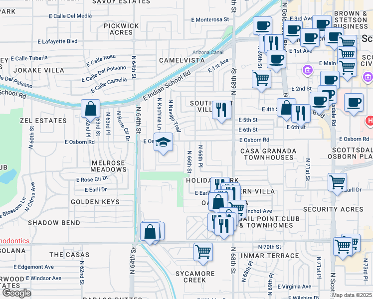 map of restaurants, bars, coffee shops, grocery stores, and more near 6557 East Osborn Road in Scottsdale