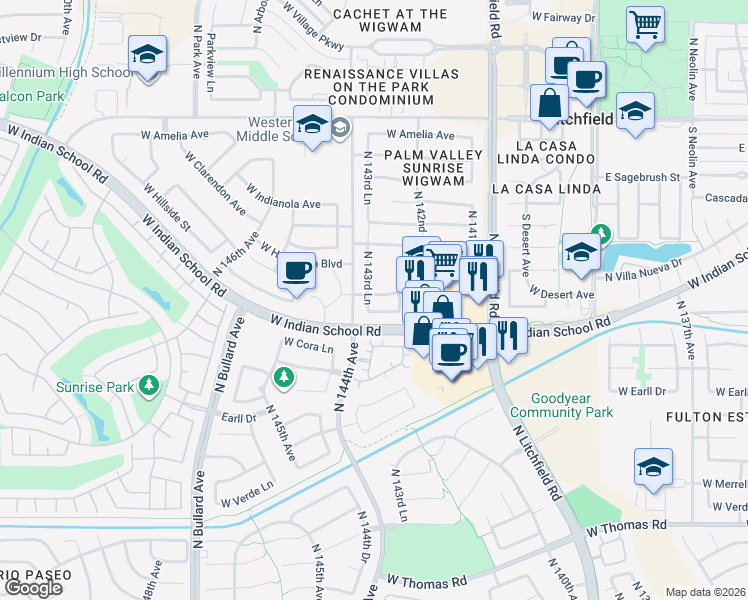 map of restaurants, bars, coffee shops, grocery stores, and more near 3571 North 143rd Lane in Goodyear