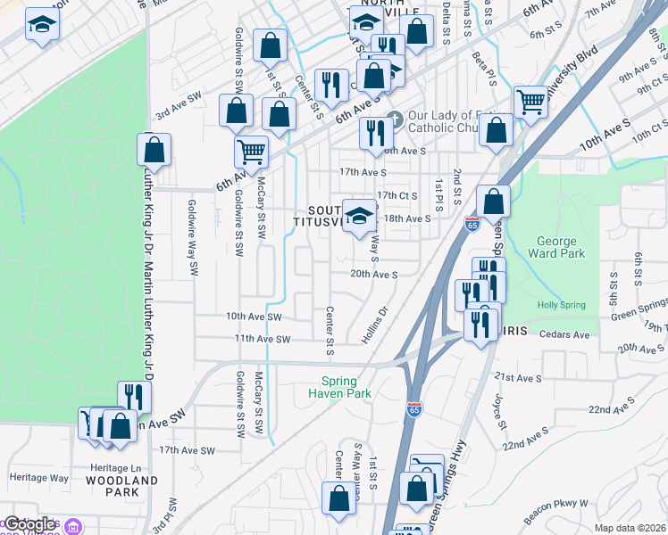 map of restaurants, bars, coffee shops, grocery stores, and more near 2 20th Avenue South in Birmingham