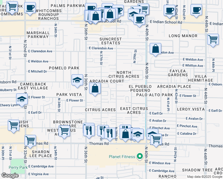 map of restaurants, bars, coffee shops, grocery stores, and more near 3220 North 38th Street in Phoenix