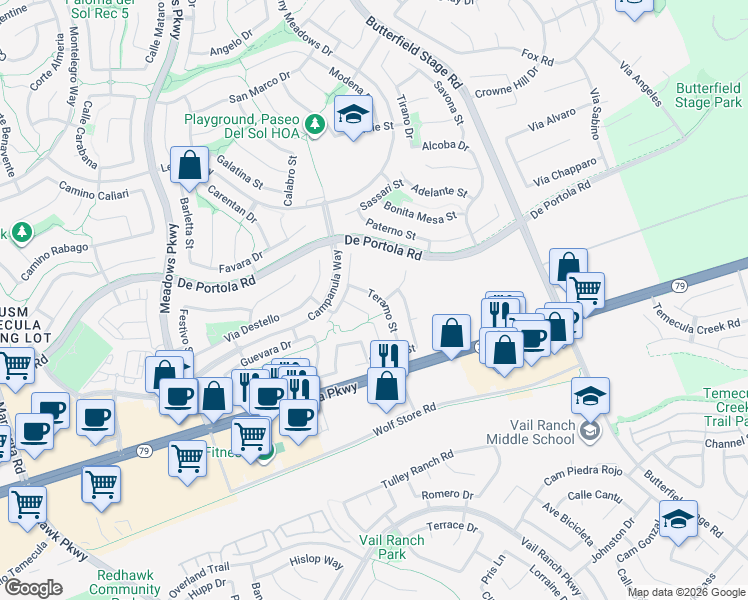map of restaurants, bars, coffee shops, grocery stores, and more near 43093 Teramo Street in Temecula