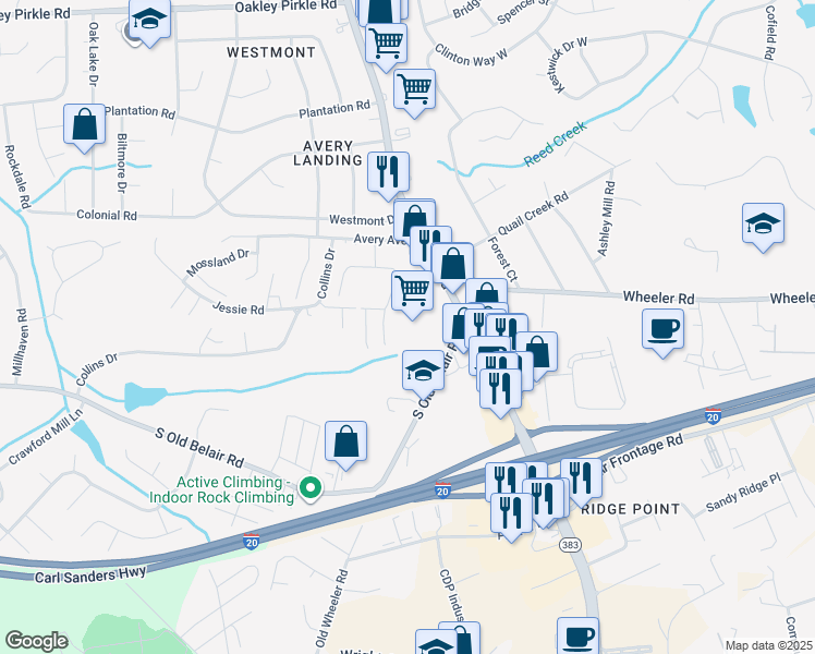 map of restaurants, bars, coffee shops, grocery stores, and more near 365 South Belair Road in Augusta