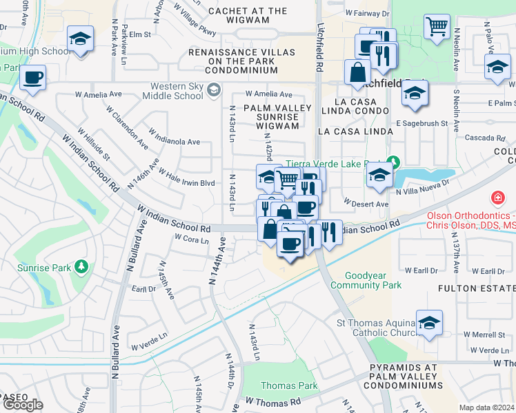 map of restaurants, bars, coffee shops, grocery stores, and more near 3577 North 143rd Avenue in Goodyear