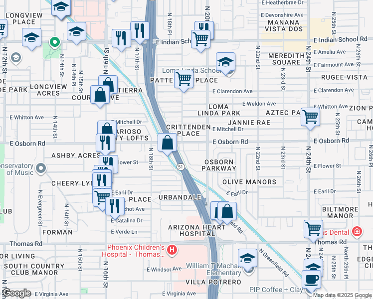 map of restaurants, bars, coffee shops, grocery stores, and more near in Phoenix