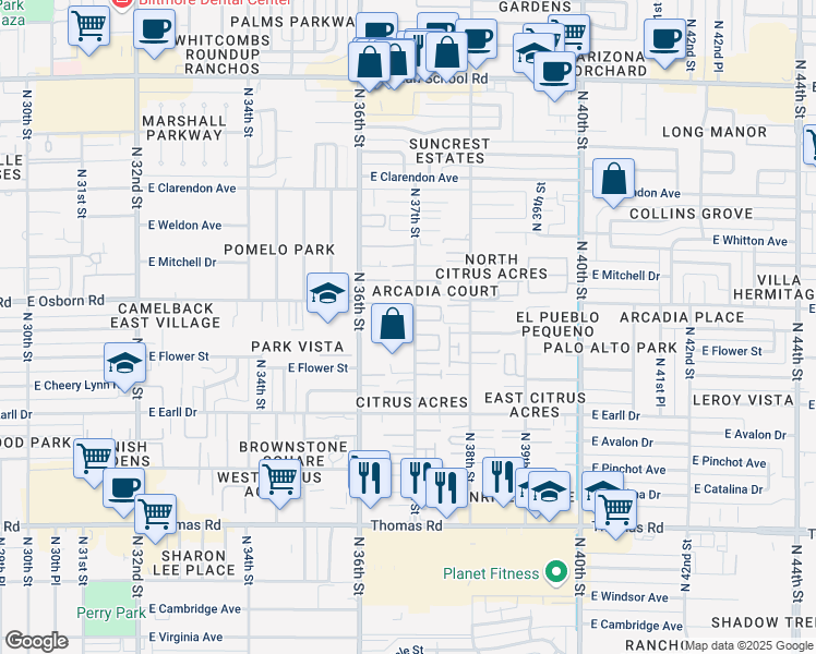 map of restaurants, bars, coffee shops, grocery stores, and more near 3233 North 37th Street in Phoenix