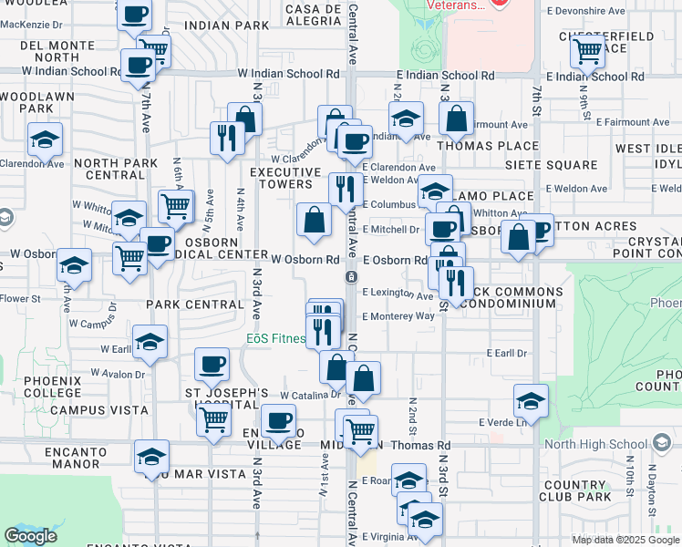 map of restaurants, bars, coffee shops, grocery stores, and more near North Central Avenue in Phoenix
