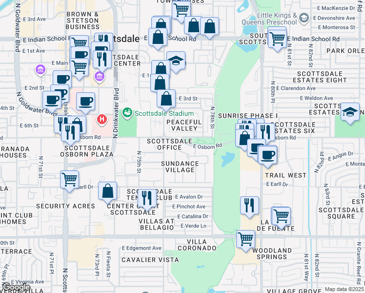 map of restaurants, bars, coffee shops, grocery stores, and more near 7701 East Osborn Road in Scottsdale