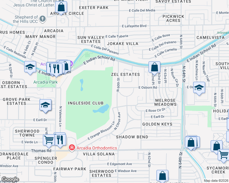 map of restaurants, bars, coffee shops, grocery stores, and more near 3412 North 60th Street in Phoenix