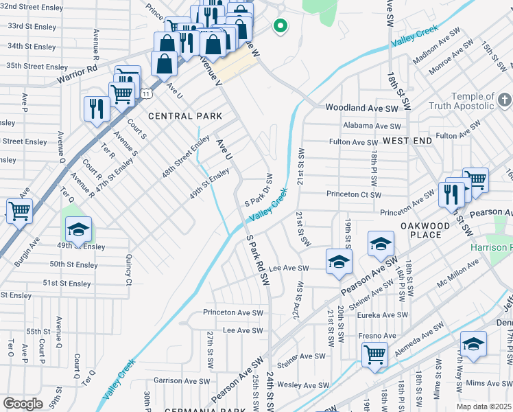 map of restaurants, bars, coffee shops, grocery stores, and more near 2334 South Park Drive Southwest in Birmingham