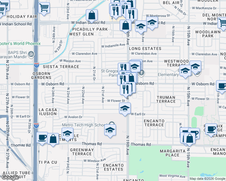 map of restaurants, bars, coffee shops, grocery stores, and more near 2011 West Osborn Road in Phoenix