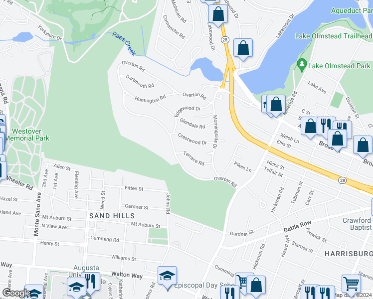 map of restaurants, bars, coffee shops, grocery stores, and more near 2213 Terrace Road in Augusta