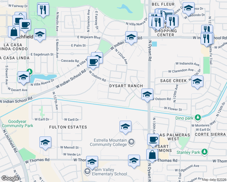 map of restaurants, bars, coffee shops, grocery stores, and more near 13258 West Mulberry Drive in Litchfield Park
