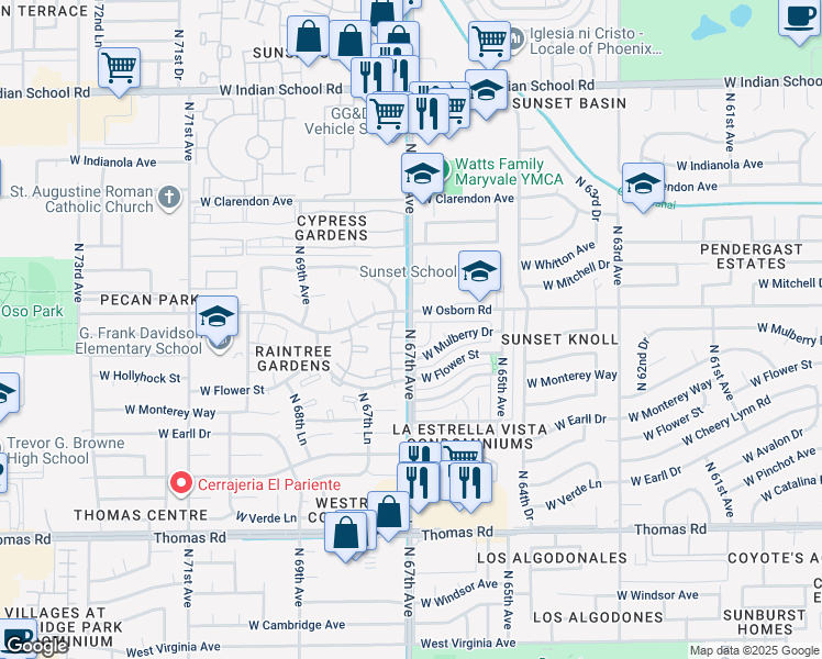 map of restaurants, bars, coffee shops, grocery stores, and more near 3401 North 67th Avenue in Phoenix