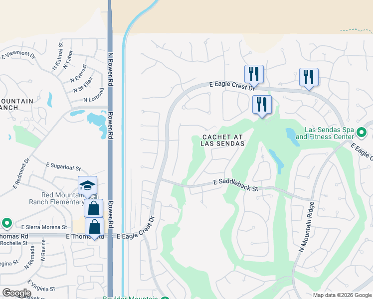 map of restaurants, bars, coffee shops, grocery stores, and more near 3951 North Pinnacle Hills Circle in Mesa