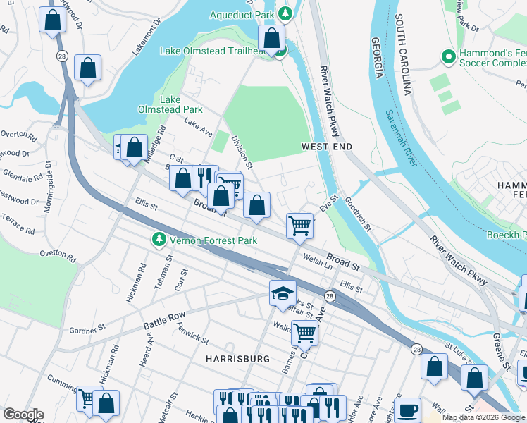 map of restaurants, bars, coffee shops, grocery stores, and more near 1931 Division Street in Augusta