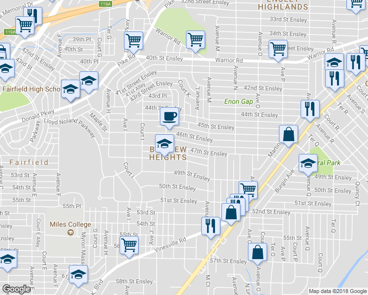 map of restaurants, bars, coffee shops, grocery stores, and more near 1132 47th Street in Birmingham