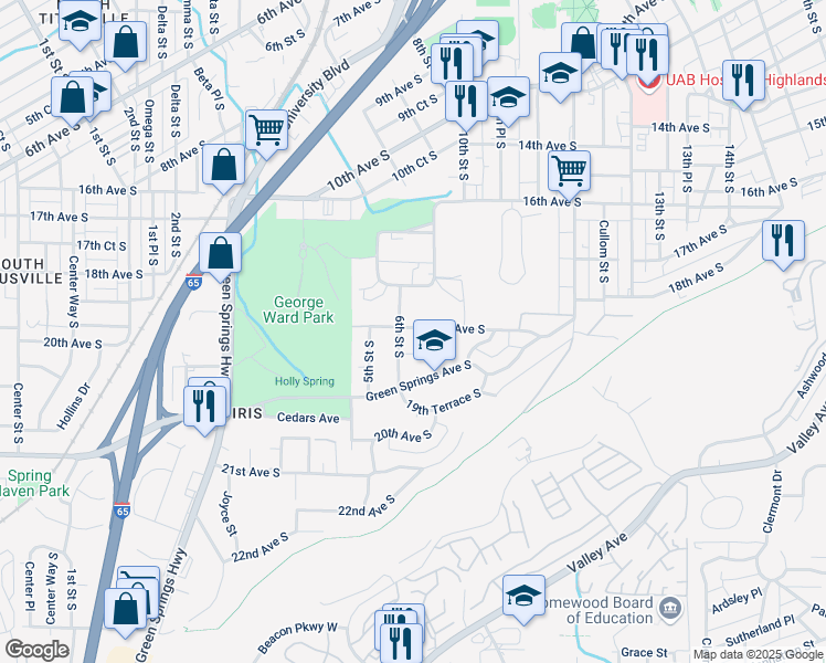 map of restaurants, bars, coffee shops, grocery stores, and more near 606 19th Avenue South in Birmingham
