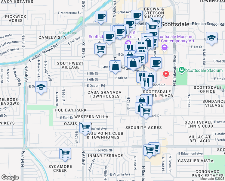map of restaurants, bars, coffee shops, grocery stores, and more near 7018 East Osborn Road in Scottsdale