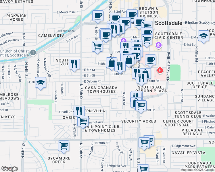 map of restaurants, bars, coffee shops, grocery stores, and more near 6925 East Osborn Road in Scottsdale