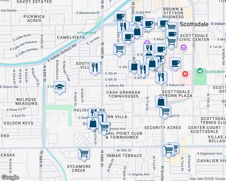 map of restaurants, bars, coffee shops, grocery stores, and more near 6829 East Osborn Road in Scottsdale