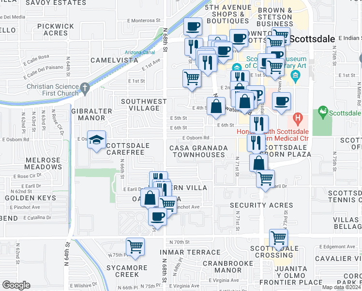 map of restaurants, bars, coffee shops, grocery stores, and more near 6829 East Osborn Road in Scottsdale