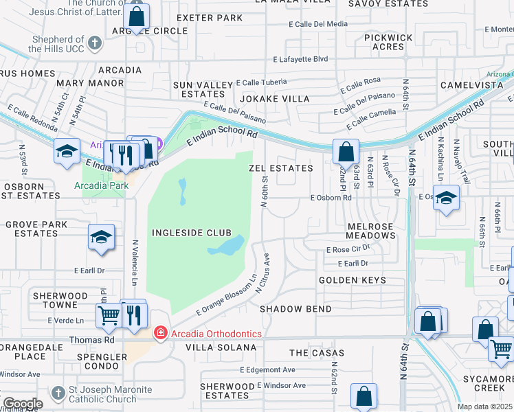 map of restaurants, bars, coffee shops, grocery stores, and more near 3412 North 60th Street in Phoenix