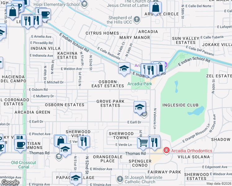 map of restaurants, bars, coffee shops, grocery stores, and more near 5326 East Osborn Road in Phoenix