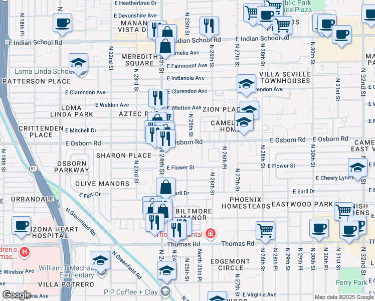 map of restaurants, bars, coffee shops, grocery stores, and more near 3339 North 25th Street in Phoenix