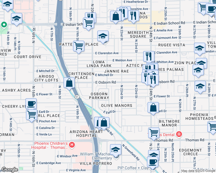 map of restaurants, bars, coffee shops, grocery stores, and more near 2108 East Osborn Road in Phoenix